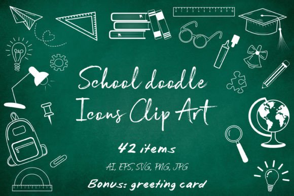 School Doodle Icons Clip Art. Line Art